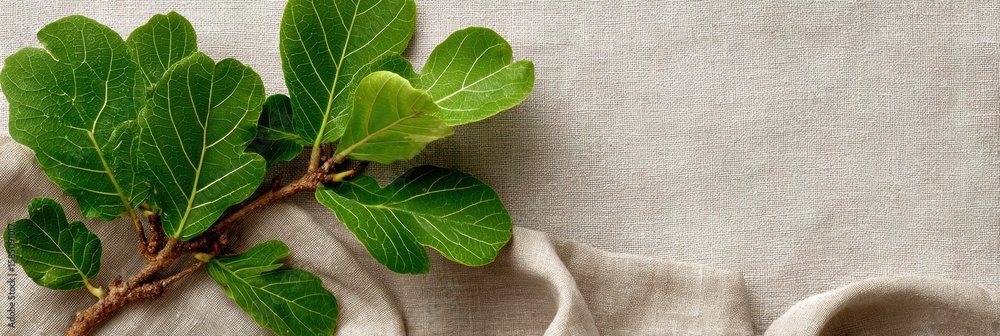 Poster lush fig tree branch resting on rustic linen cloth in serene earthy setup with blank upper layout sp