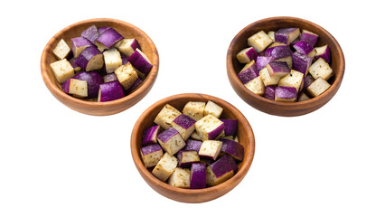 eggplant cubes seasoned and ready for cooking in three wooden bowls isolated on white background 18889905 1