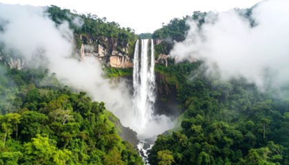 A tall cascading waterfall with mist rising around it, isolated on a white background