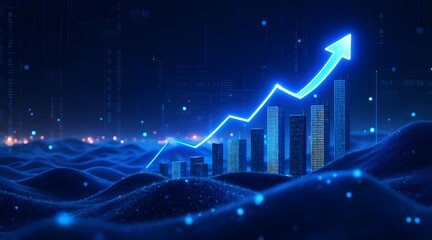 Futuristic digital cityscape with glowing blue upward trend arrow and data streams symbolizing financial growth and technological advancement