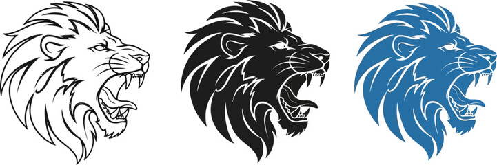 Graphic set features three lion head illustrations with varied line work and colors for creative designs