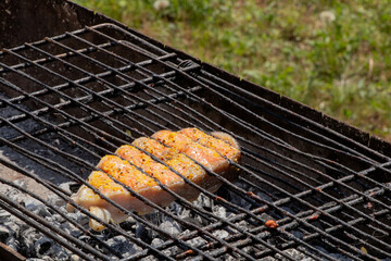 A piece of salmon with seasonings is grilled on a grill grate on coals, cooking fish on a grill outdoors