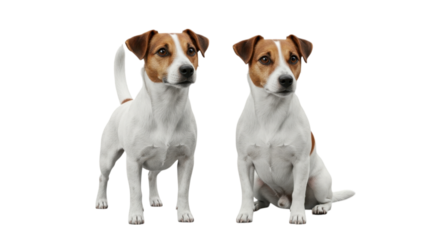 Two adorable Jack Russell Terriers pose with their white and brown coats against a clean, transparent background for versatile design uses.
