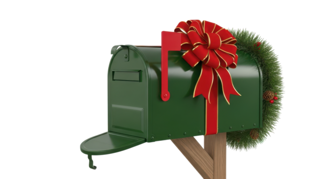 Festive green mailbox adorned with a red ribbon bow and holiday wreath on a transparent background for Christmas cheer. - Powered by Adobe