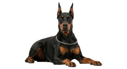 Majestic doberman pinscher with a striking black and tan coat lies gracefully against a transparent backdrop, exuding elegance, transparent background