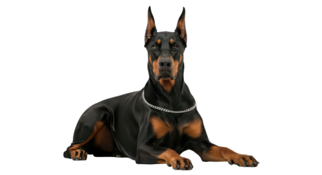 Majestic doberman pinscher with a striking black and tan coat lies gracefully against a transparent backdrop, exuding elegance, transparent background