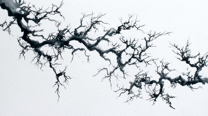 black ink painting of abstract tree branches on white canvas. 