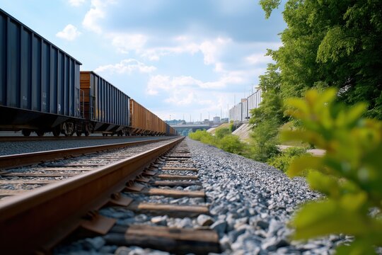 Freight train on sunny day with parallel tracks and vibrant green foliage