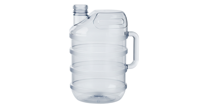 Clear plastic water jug with handle and wide mouth opening  