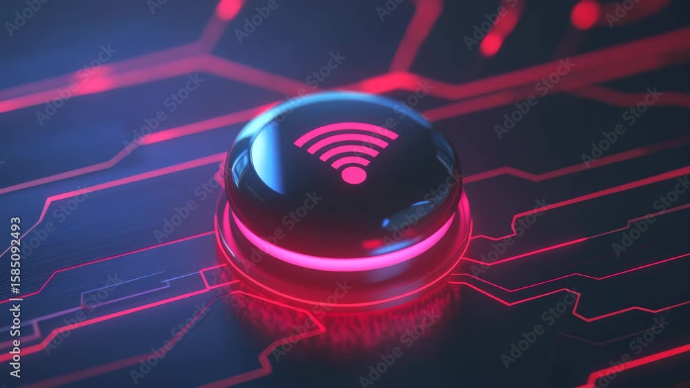 Poster a sleek, glossy black button with a glowing red wi-fi symbol sits on a futuristic circuit board with
