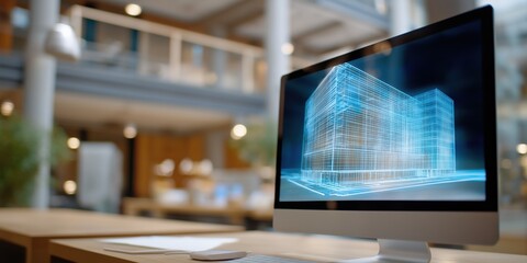 Modern office with computer displaying digital building design in sleek workspace