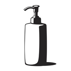 Soap dispenser graphic shows elegant container with sleek pump in black and white. Soap dispenser graphic highlights minimalist design with shadows suggesting a modern aesthetic.