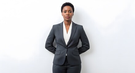Serious woman in a formal suit stands with hands behind her back against a white backdrop. She has short hair and a focused expression. The image has neutral lighting and a studio setting.