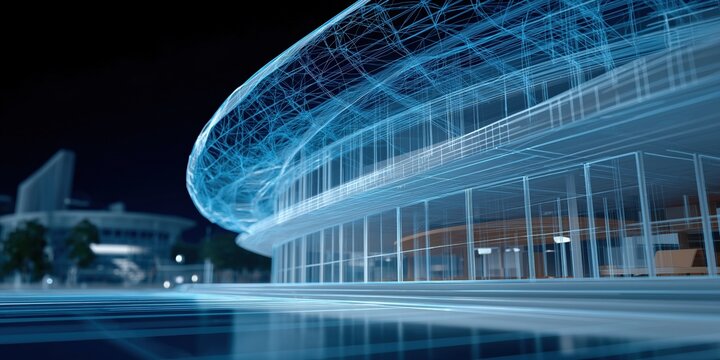 Futuristic architectural concept of a digital stadium at night with blue neon grid