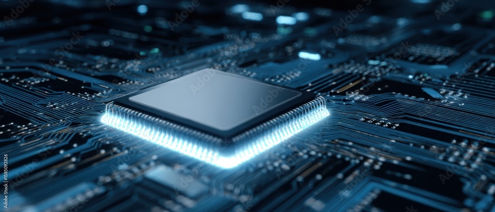 Poster the microchip surrounded by intricate circuitry in a high-tech environment
