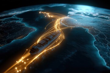 Global shipping network visualization with cargo ship and trade routes
