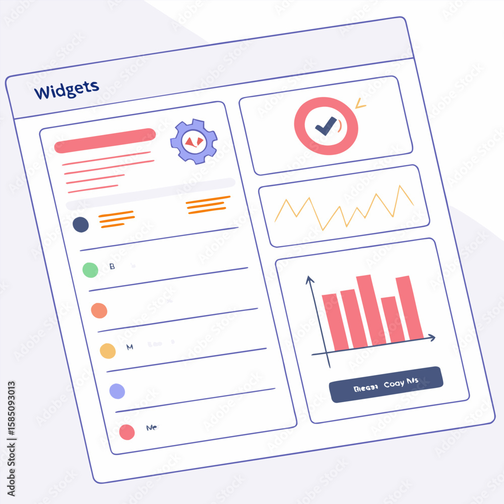 Poster a dashboard interface showcasing widgets with charts and settings panel in a stylized illustration