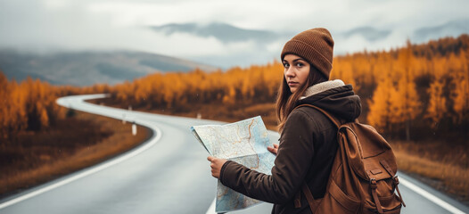 A traveler holding a map explores the vibrant autumn mountains, surrounded by colorful foliage and crisp air. The concept of adventure, navigation, and discovering nature’s beauty. Generative AI.