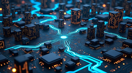 Futuristic digital cityscape with glowing blue circuit board pathways connecting illuminated abstract buildings representing data flow and technology