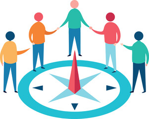 team standing around a compass discussing