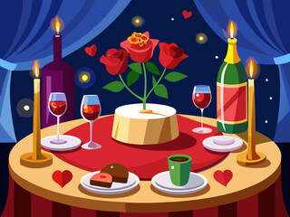 vector of Romantic dinner with a warm candle and two glasses of stemmed red wine and some roses on the table...