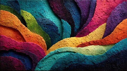 Canvas abstraction using textured waves and blot forms in bright acrylic against deep black relief