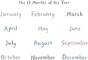 手書き英語月名セット（12ヶ月）ナチュラルタッチ｜シンプルカラー