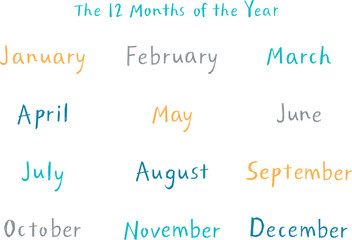 手書き英語月名セット（12ヶ月）ナチュラルタッチ｜北欧カラー