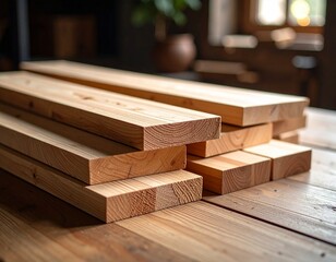 Stack of wooden planks on rustic workbench in carpentry workshop
