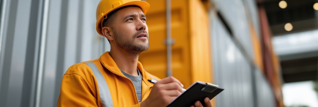 Asian male adult engineer inspecting shipping containers with clipboard