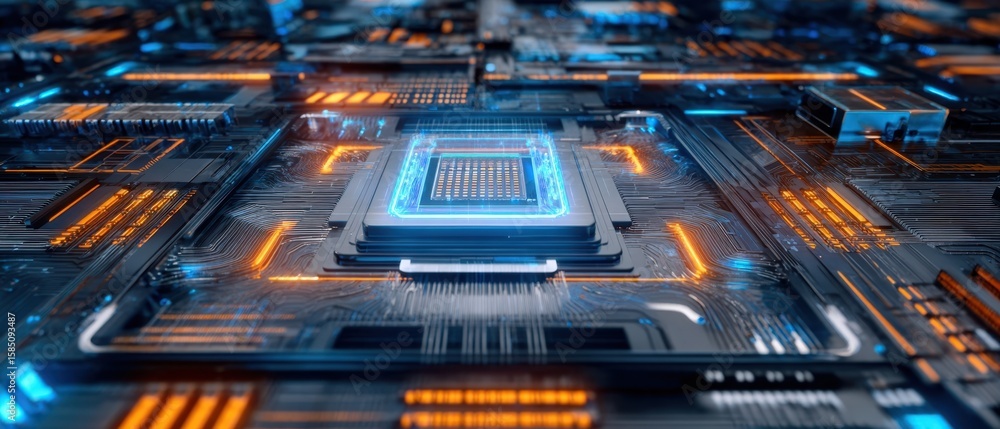 Fototapete The futuristic microchip embedded in a complex electronic circuit design