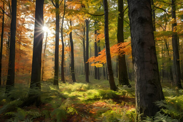 Obraz premium Golden sunlight filters through trees in a serene autumn forest landscape scene.