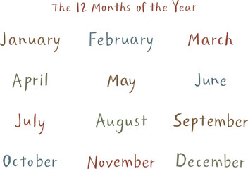 手書き英語月名セット（12ヶ月）ナチュラルタッチ｜ヴィンテージカラー