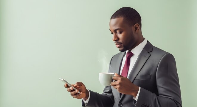 A man in a suit holds a coffee cup and smartphone against a light green background. He is looking at his phone.