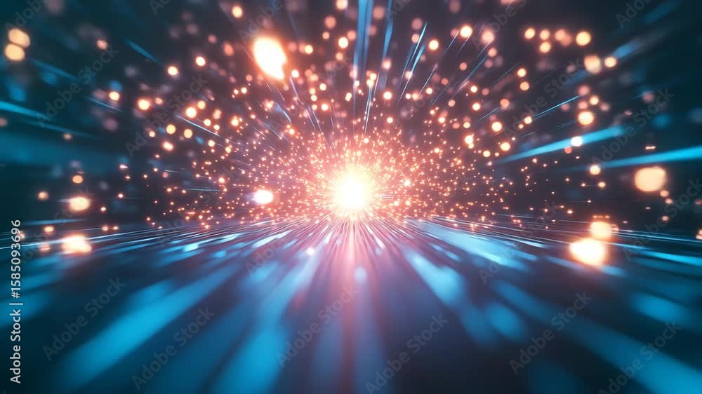 Poster a dynamic, abstract image featuring a bright, glowing light source in the distance with orange parti