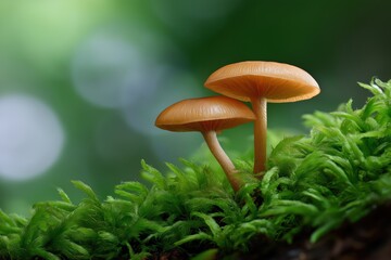 Fototapeta premium Two orange mushrooms growing on vibrant green moss in a forest setting