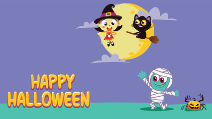 Cartoon halloween scene with witch, black cat, mummy, and pumpkin against a full moon backdrop