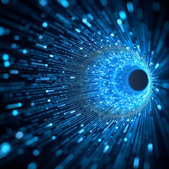 Abstract glowing zero-knowledge verification tunnel, cylindrical layers of data rotating inward, futuristic data shield, deep digital blue tones, no living beings, ultra high-res
