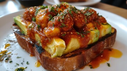 Spicy avocado toast topped with a flavorful sauce.