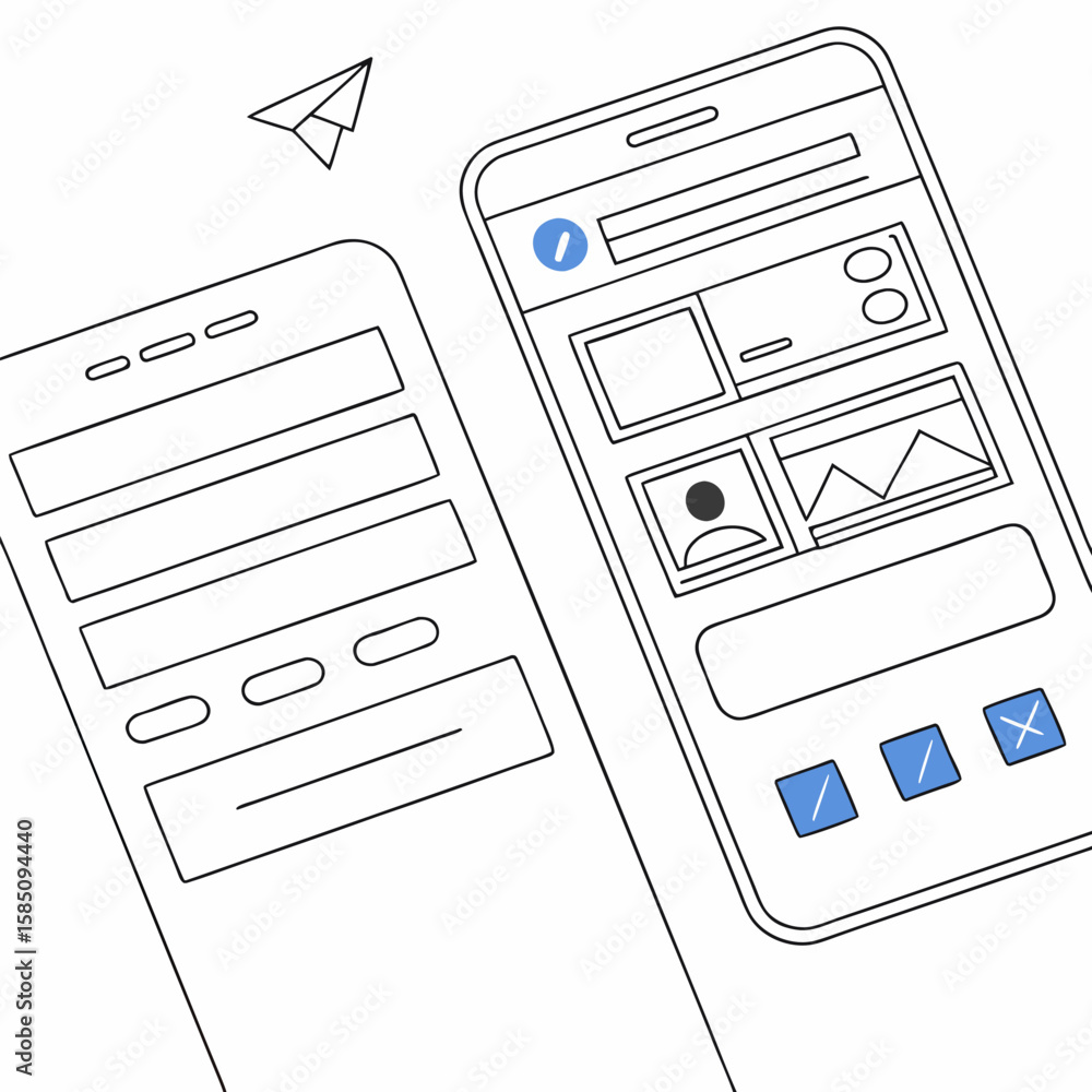 Aufkleber two smartphone mockups displaying different user interface designs with a paper airplane icon nearby