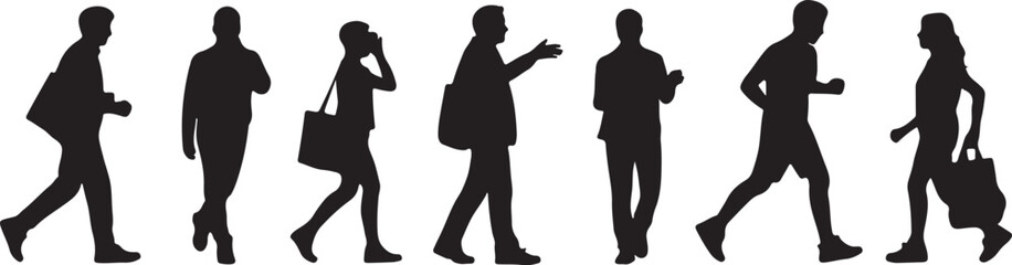Diverse people walking and interacting silhouettes black vector, isolated on white background, cutout, png, clipping path, transparent, image, download, 2025,2026 download