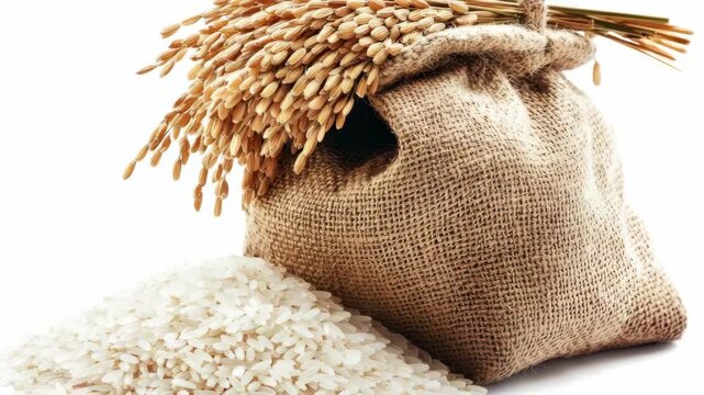 Crops of rice and wheat displayed, ready for harvest. Brown burlap sack with filled contents.