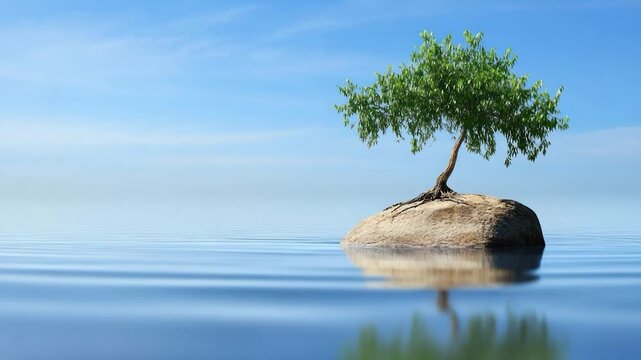 Solitary tree on a rock islet in tranquil water under a clear sky