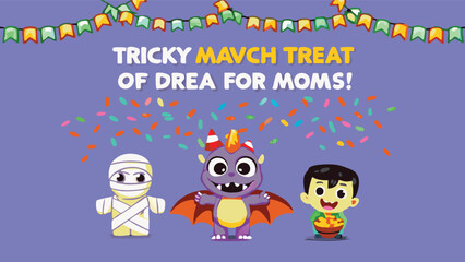 Cartoon halloween scene with mummy monster and boy under colorful confetti and party banner decor