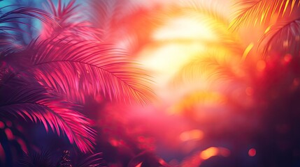 Abstract tropical background with vibrant palm leaves and sunset illumination