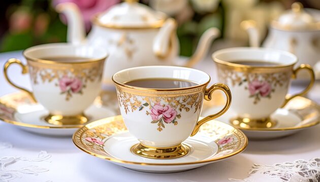 Elegant teacups and saucers on a table