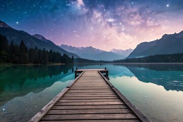 Obraz premium Wooden pier on tranquil lake under starry twilight sky mountains stars