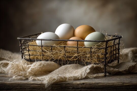 Assorted eggs in rustic wire basket - Powered by Adobe