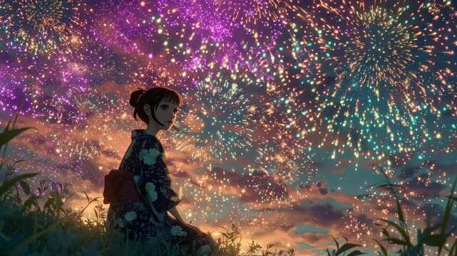 Japanese Girl in Yukata with Fireworks/浴衣の日本人少女と花火1
