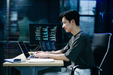 Young male programmer working with tablet and screen displaying code. Modern tech office setup, great for software, coding, IT